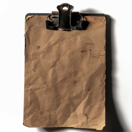 A rustic clipboard with worn brown paper sits against a white background, inviting creativity and organization. Ideal for notes, lists, or artistic projects.の素材