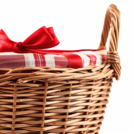 A beautifully crafted woven basket features a bright red ribbon and checkered fabric liner, perfect for decorative storage or gift presentation in any setting.の素材