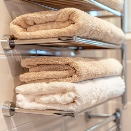 Neatly arranged soft towels in soothing neutral tones add a touch of elegance and comfort to a modern bathroom space, inspiring clean and organized home aesthetics.の素材