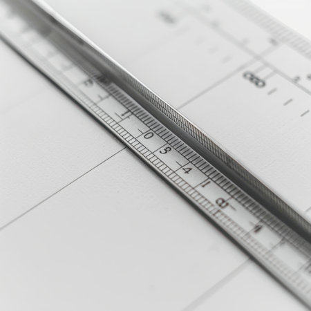 A close-up view of a stainless steel ruler placed on a smooth white surface, emphasizing the precision and detail necessary for various measurement tasks in a professional setting.の素材