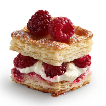 A beautifully arranged layered pastry dessert featuring fresh raspberries and creamy filling, perfect for a delightful treat at any occasion.の素材