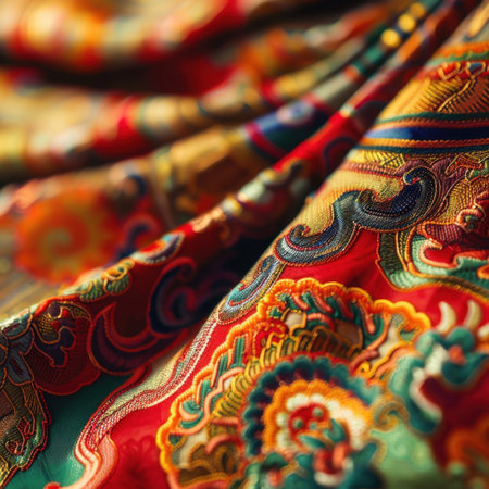 Discover the breathtaking detail and vibrant colors of this textile, showcasing intricate patterns that inspire creativity in fashion and home decor projects.の素材