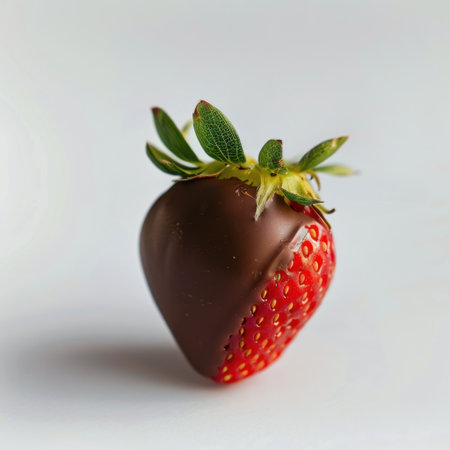 A beautifully captured fresh strawberry half-dipped in rich dark chocolate, showcasing a perfect blend of flavors and textures, ideal for enticing food lovers.の素材