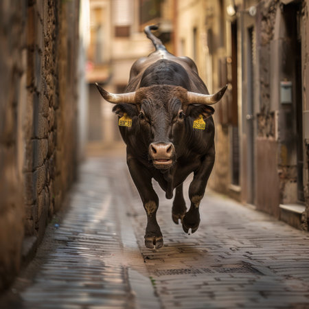A striking bull confidently walks through a narrow street lined with historic buildings and cobblestone pathways, showcasing rural charm and natural beauty.の素材