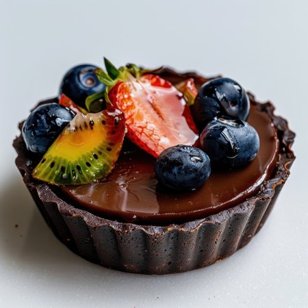 This dessert features a rich chocolate tart adorned with vibrant fruits, including blueberries, strawberries, and kiwi, ideal for showcasing culinary artistry.の素材