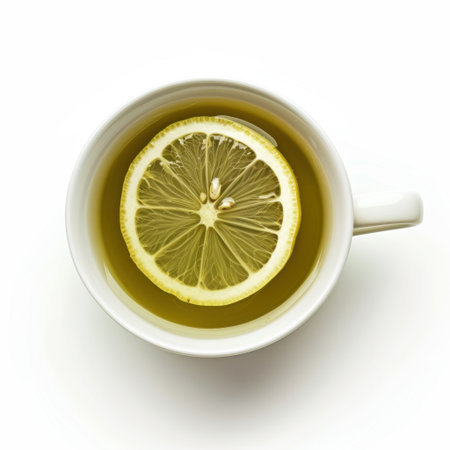 This image features a fresh lemon slice floating on top of herbal tea in a white cup, highlighting the soothing qualities and refreshing nature of the beverage.の素材