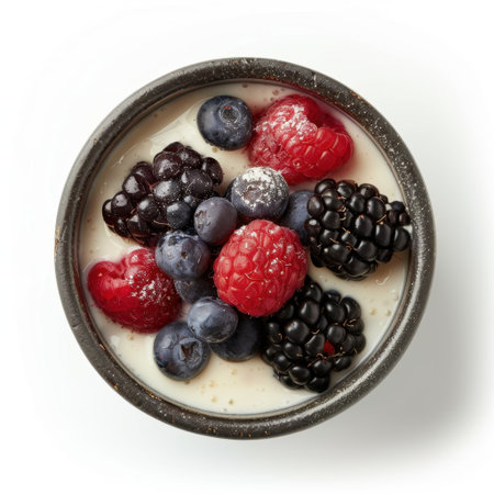 A visually appealing bowl filled with fresh mixed berries, including raspberries, blueberries, and blackberries, set against a clean white background, ideal for health-focused culinary uses.の素材