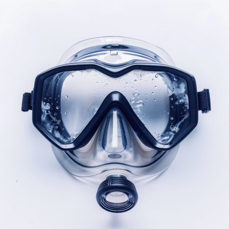 This professional diving mask features a clear lens and air valve, designed for optimal visibility and comfort during underwater activities like snorkeling and scuba diving.の素材