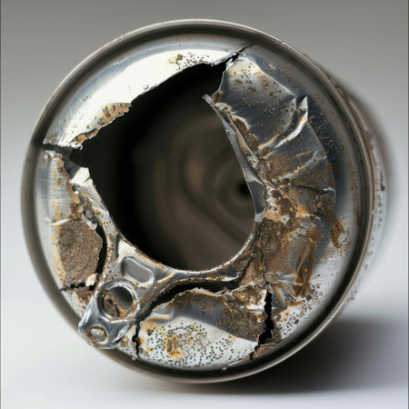A striking close-up shot of a crushed metal can showcasing intricate textures, reflections, and signs of wear, set against a soft background that emphasizes its details.の素材