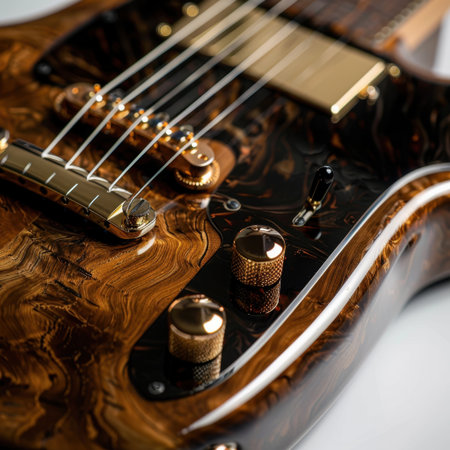 Explore the exquisite detail of this electric guitar showcasing rich wooden grains and polished hardware, perfect for musicians, collectors, and photography enthusiasts.の素材