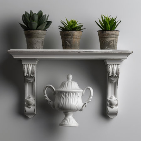 A beautifully arranged shelf featuring three potted plants and an antique teapot, combining modern minimalist style with natural elements for a serene home ambiance.の素材