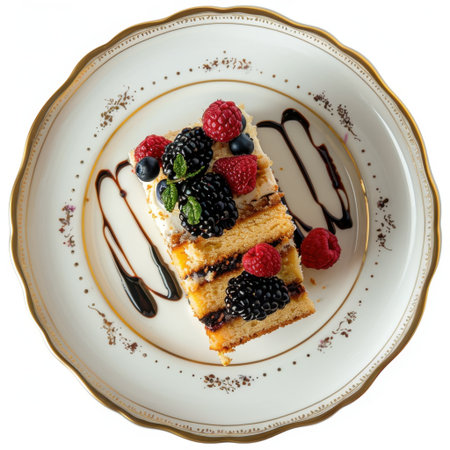 This image features a beautifully arranged slice of layered cake, adorned with fresh berries and drizzled chocolate on a decorative plate, suitable for gourmet presentations.の素材