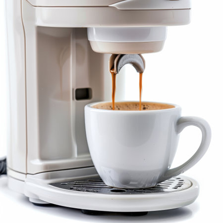 A close-up image showcasing a modern espresso machine pouring rich, aromatic coffee into a pristine white ceramic cup, perfect for coffee enthusiasts and kitchen dの素材