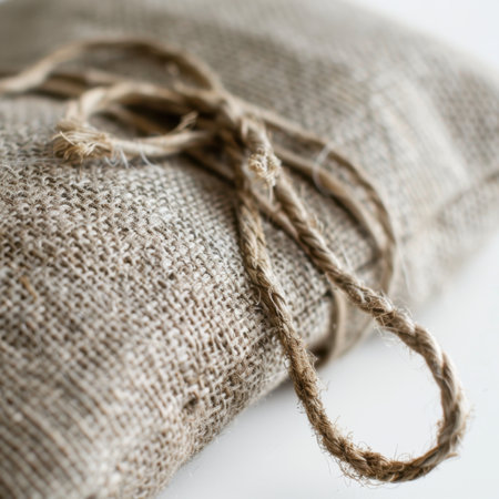 Close-up view of rustic burlap fabric tied with twine, showcasing its coarse texture. Ideal for various craft projects or enhancing vintage home decor themes.の素材