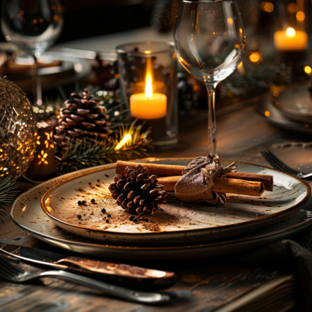 This inviting dinner setting captures the warmth of the holiday spirit with cinnamon sticks, pine cones, and soft candlelight, perfect for festive gatherings and celebrations.の素材