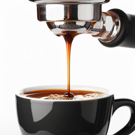 A close-up of rich espresso pouring from a machine into a sleek black mug, showcasing a beautiful layer of crema and bubbles, perfect for coffee enthusiasts.の素材