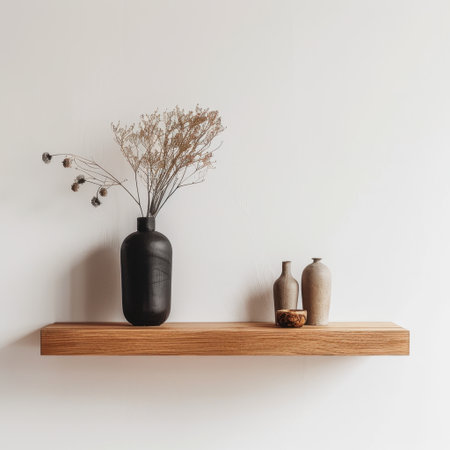 A serene arrangement showcasing a black vase holding dried flowers, complemented by elegant decorative pieces on a wooden shelf. Ideal for minimalist interiors.の素材