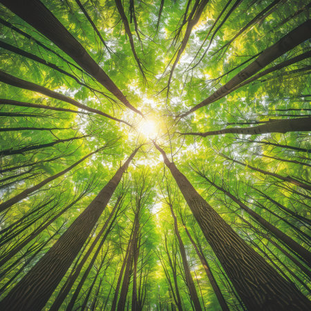A captivating view of tall trees reaching towards the sky, with bright sunlight filtering through lush green foliage, creating a serene and refreshing atmosphere in nature.の素材