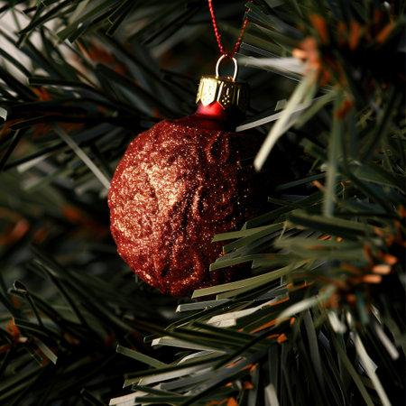 Close-up of a shiny red Christmas ornament hanging on evergreen branches, capturing the spirit of holiday decorations and creating a warm, festive atmosphere.の素材