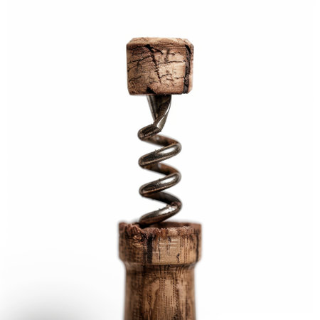 A detailed close-up of a wooden cork with an intertwined metal corkscrew, ideal for beverage or wine photography, highlighting craftsmanship in design.の素材