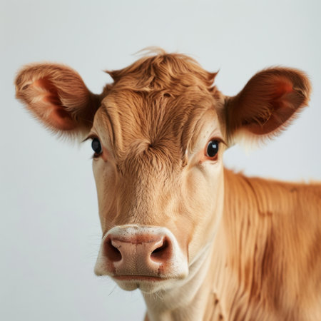 A charming young calf gazes directly at the viewer, showcasing its large eyes and soft fur. This image captures the innocence of farm life in a serene setting.の素材