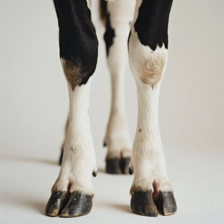 This close-up image showcases the textured hooves of a cow, capturing the beautiful black and white fur patterns against a clean white background, perfect for agricultural themes.の素材