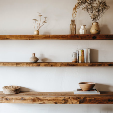 Discover the beauty of minimalist design with wooden shelves displaying vases, books, and natural elements, creating elegance and tranquility in modern interiors.の素材