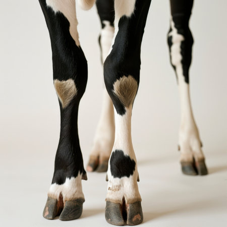This image captures the elegant legs and distinctive hoof patterns of a cow, highlighting the beauty of farm life. The natural light adds charm to the scene.の素材