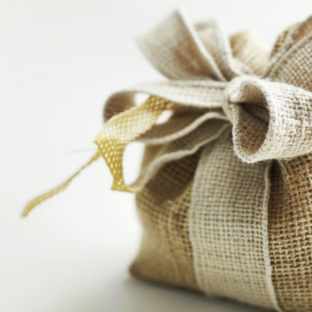 A charming rustic gift bag tied with a delicate yellow ribbon, perfect for adding a special touch to any occasion or celebration, featuring a cozy, elegant design.の素材
