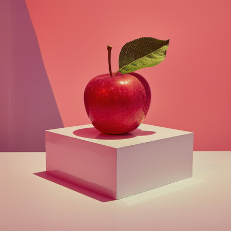 A striking red apple with a green leaf rests on a white pedestal, set against a vibrant pink backdrop, creating an artistic and modern visual delight.の素材