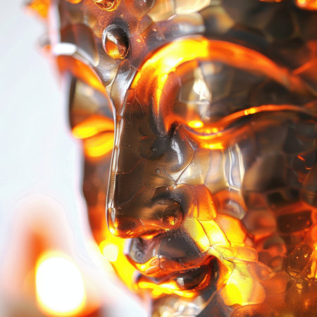 A mesmerizing Buddha sculpture radiating serenity with warm light reflections, perfect for themes of meditation, tranquility, and spiritual exploration.の素材