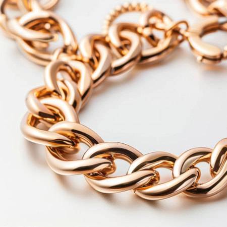 This image features a close-up view of a glossy copper chain with interlocking links, showcasing craftsmanship and elegance in jewelry design under careful lighting.の素材