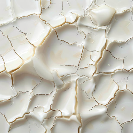 An intricate close-up of cracked dry earth showcases a beautiful abstract pattern, representing environmental changes and the effects of drought on natural landscapes.の素材