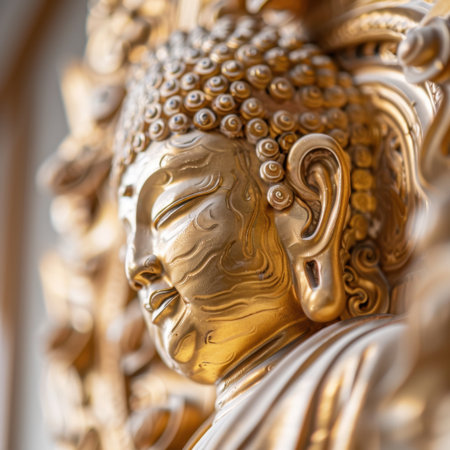A stunning golden Buddha sculpture featuring intricate details and a peaceful expression, perfect for conveying serenity, spirituality, and artistic beauty for meditation or culture.の素材