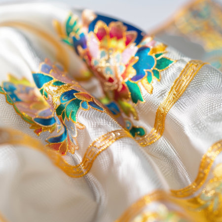 Discover the beauty of a luxurious silk fabric featuring a stunning floral embroidery pattern, showcasing vibrant colors and intricate designs in soft lighting.の素材