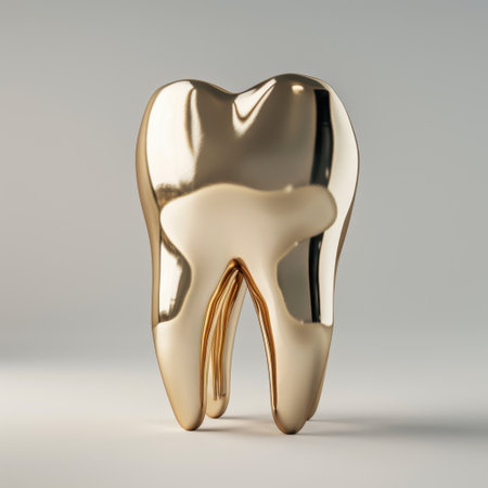 This artistic golden tooth sculpture embodies modern dental aesthetics and health concepts, making it ideal for creative projects in health and beauty sectors.の素材