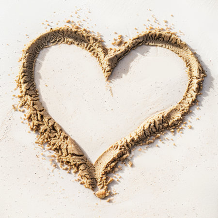 A heart shape formed from sand on a pristine beach captures the essence of love and tranquility, perfect for themes of romance and nature in a coastal setting.の素材