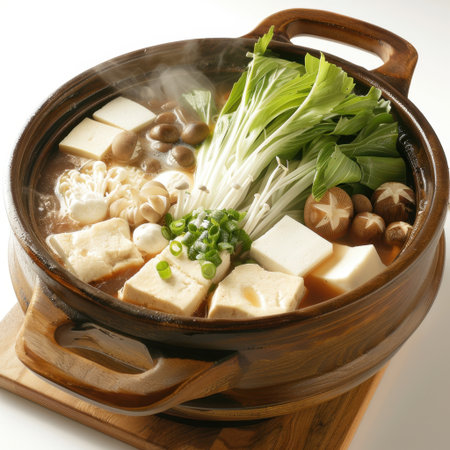 A steaming hot pot filled with fresh vegetables, soft tofu, and various mushrooms, showcasing a culinary masterpiece perfect for warming meals and comforting gatherings.の素材