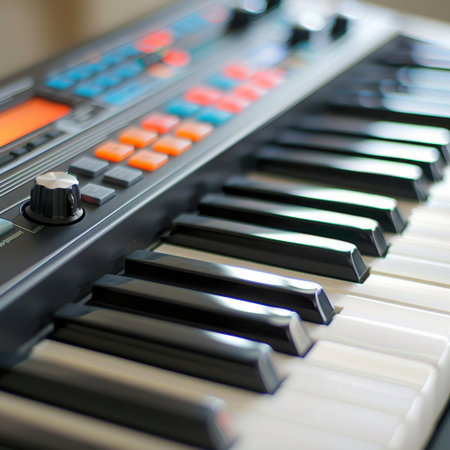 This close-up image features a modern synthesizer keyboard showcasing detailed keys and vibrant buttons, perfect for music production enthusiasts and artists.の素材