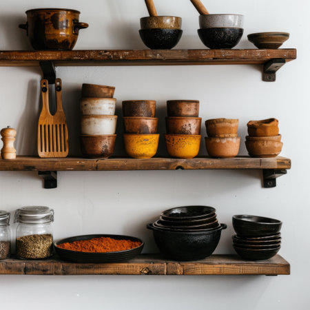 A beautifully arranged rustic kitchen shelf showcasing cooking utensils, colorful bowls, and a variety of ingredients, perfect for enhancing culinary creativity at home.の素材