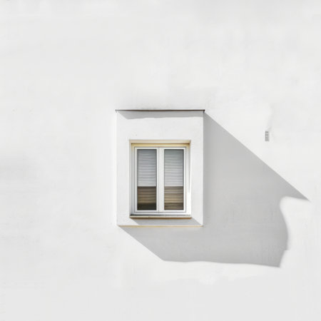 A minimalistic window framed against a pristine white wall creates a serene, modern aesthetic. This image captures the interplay of light and shadow, emphasizing simplicity.の素材
