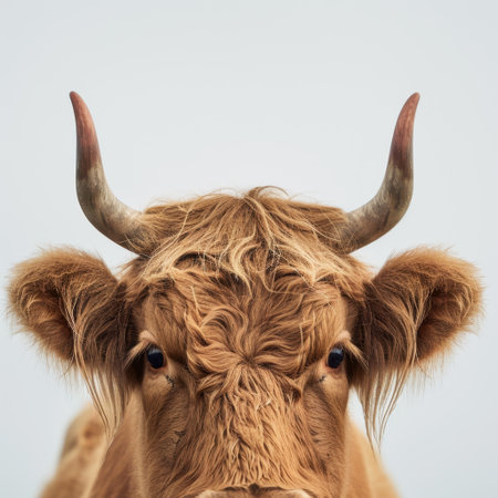 A stunning close-up of a Highland Cow showcasing its thick fur and striking horns, highlighting the beauty of farm life in a serene, natural environment.の素材