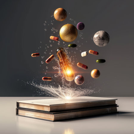 An imaginative scene featuring a book unleashing colorful pills and planets, symbolizing the fusion of knowledge and health. A mystical exploration of ideas.の素材