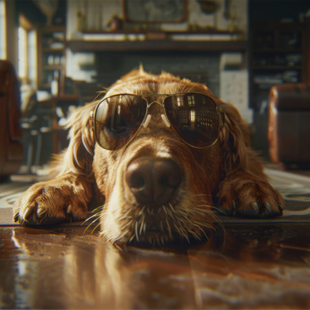 A golden retriever lounging comfortably in a cozy living room wearing stylish sunglasses. The warm sunlight enhances the relaxed atmosphere, making it an ideal image for pet lovers.の素材