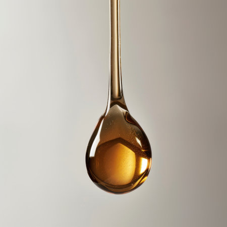 A captivating close-up of a golden honey droplet suspended in mid-air, showcasing its glossy texture and rich color. The soft lighting enhances the beauty of this natural sweetener, making it perfect for culinary themes.の素材