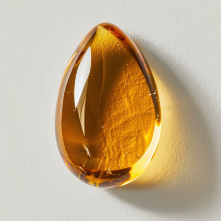 This stunning amber drop displays a rich golden hue with captivating reflections, set against a light background, perfect for showcasing elegance and natural beauty.の素材