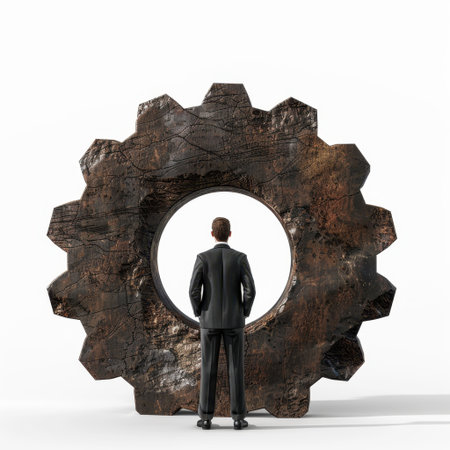 A businessman stands near a large rusty gear, representing the intersection of industry and progress. This powerful image evokes themes of creativity, teamwork, and innovation.の素材