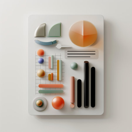 This image features a collection of colorful geometric shapes and graphs arranged on a clean white background, perfect for creative projects and design concepts.の素材