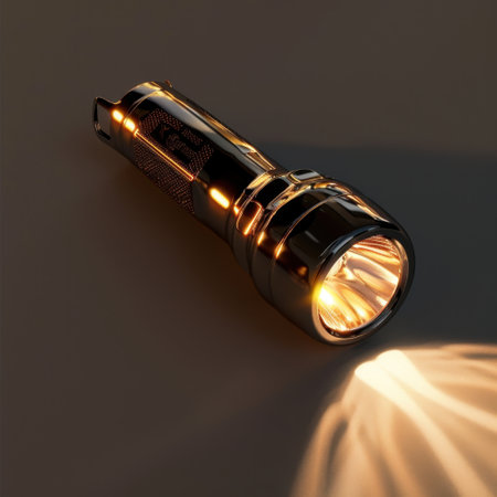 A sleek flashlight rests on a dark surface, emitting a bright beam of light. The metallic finish adds a modern touch, making it ideal for various activities and emergencies.の素材