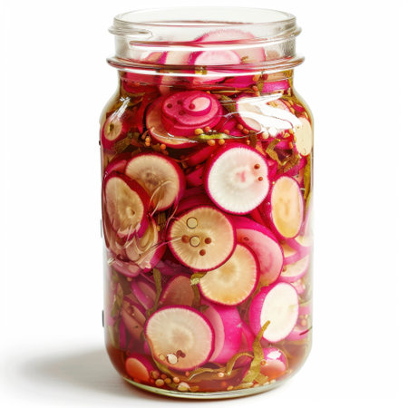 A clear glass jar filled with vibrant pink pickled radishes showcases culinary creativity and healthy eating. Perfect for food-related projects and recipes.の素材